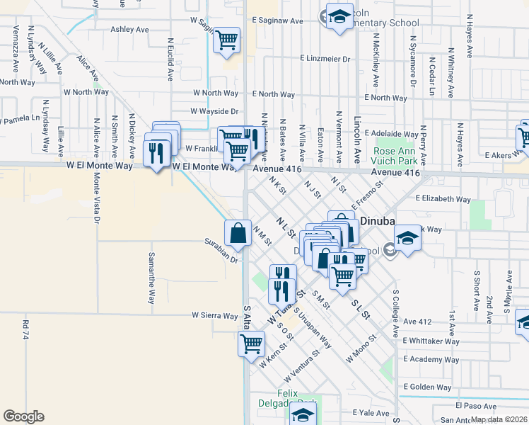 map of restaurants, bars, coffee shops, grocery stores, and more near 350 North M Street in Dinuba