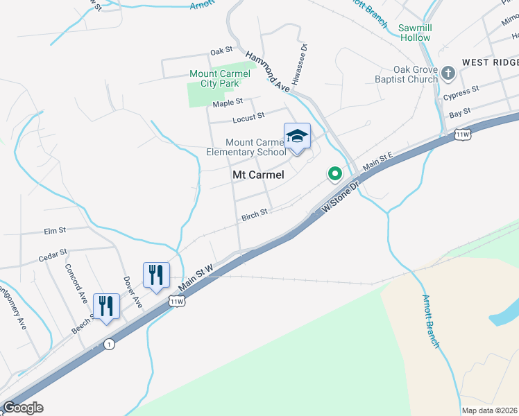 map of restaurants, bars, coffee shops, grocery stores, and more near 204 West Main Street in Mount Carmel