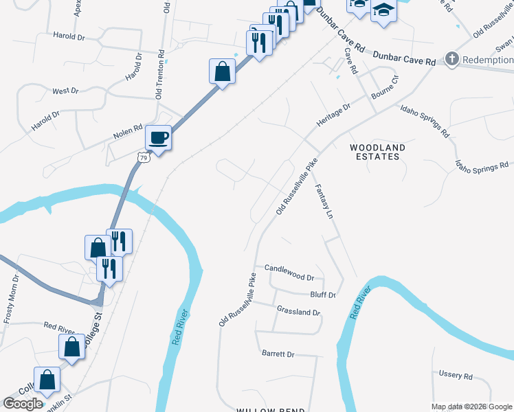 map of restaurants, bars, coffee shops, grocery stores, and more near 1640 Old Russellville Pike in Clarksville