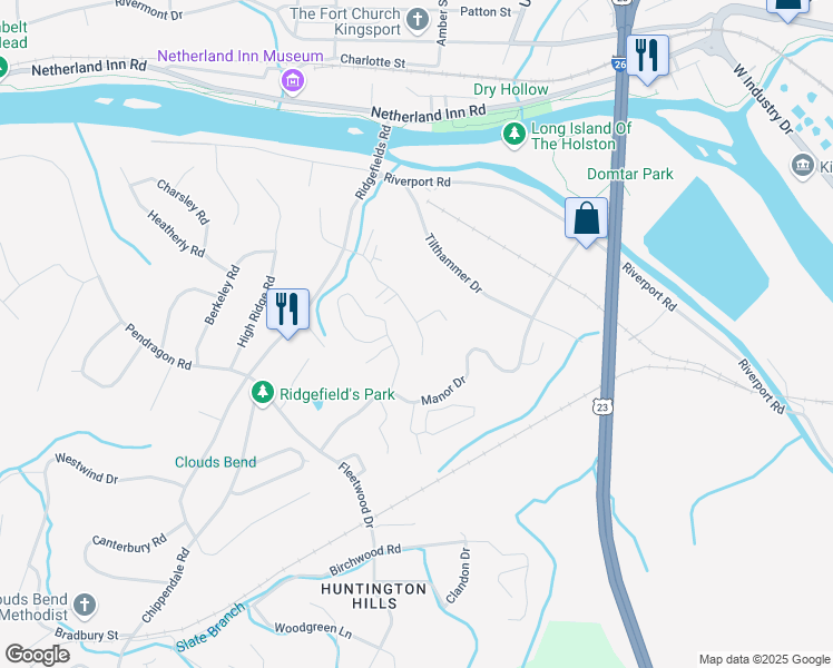 map of restaurants, bars, coffee shops, grocery stores, and more near 460 Eastley Court in Kingsport
