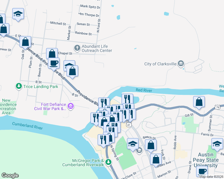 map of restaurants, bars, coffee shops, grocery stores, and more near 16-138 Quarry Road in Clarksville