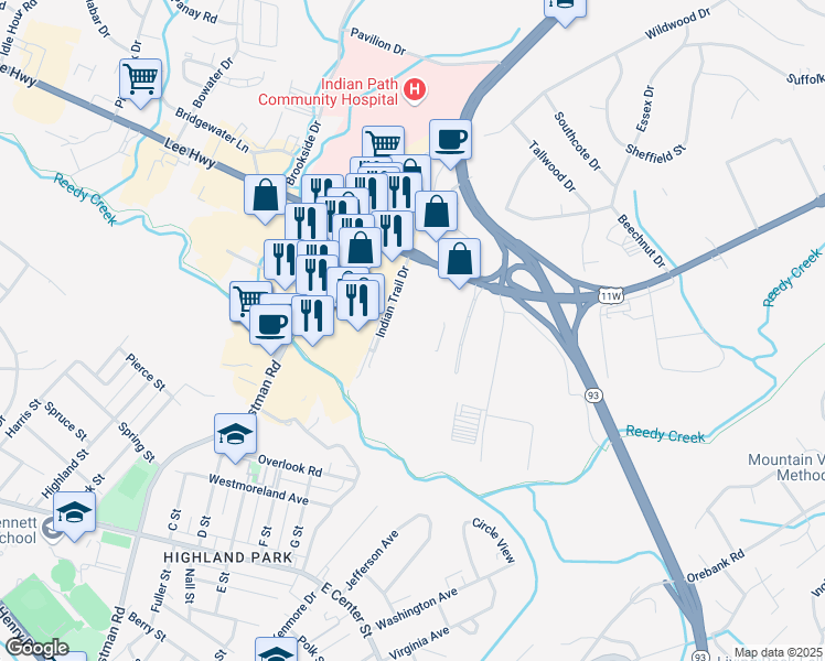 map of restaurants, bars, coffee shops, grocery stores, and more near 1805 East Stone Drive in Kingsport