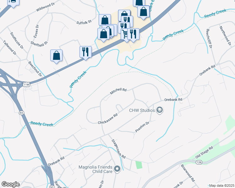 map of restaurants, bars, coffee shops, grocery stores, and more near 4522 Mitchell Road in Kingsport