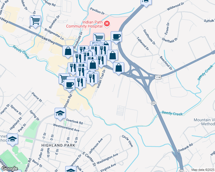 map of restaurants, bars, coffee shops, grocery stores, and more near 999 Executive Park Blvd in Kingsport