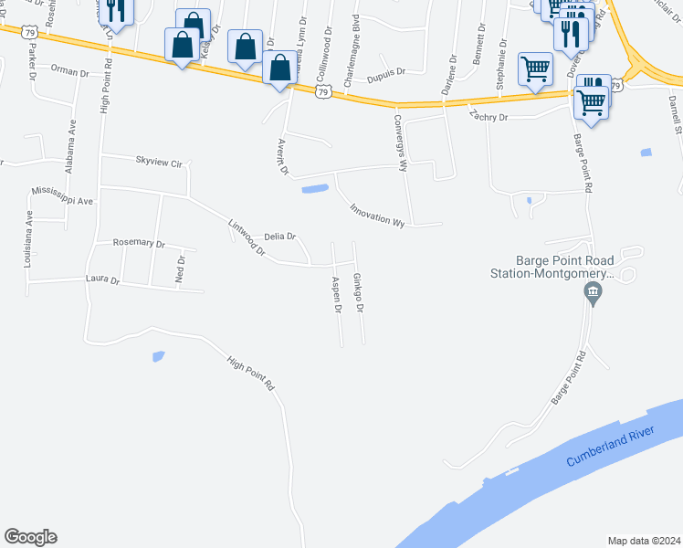 map of restaurants, bars, coffee shops, grocery stores, and more near 503 Aspen Drive in Clarksville