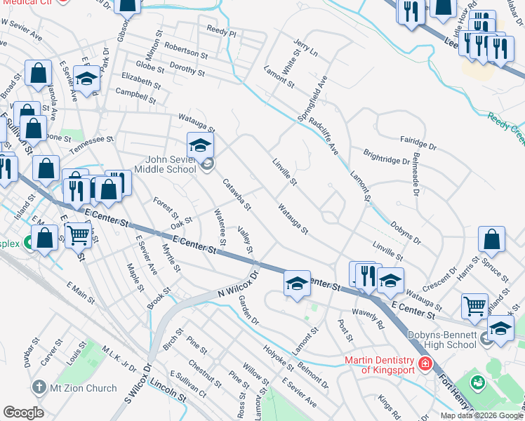 map of restaurants, bars, coffee shops, grocery stores, and more near 1253 Watauga Street in Kingsport