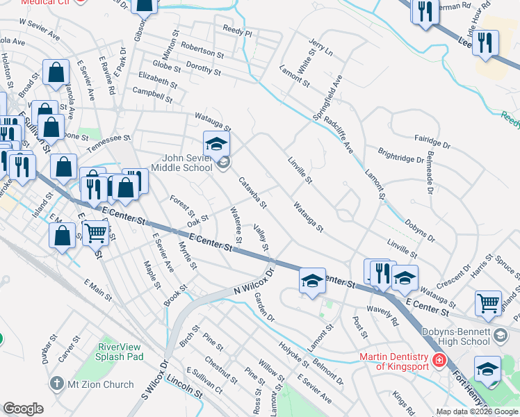 map of restaurants, bars, coffee shops, grocery stores, and more near 1251 Catawba Street in Kingsport