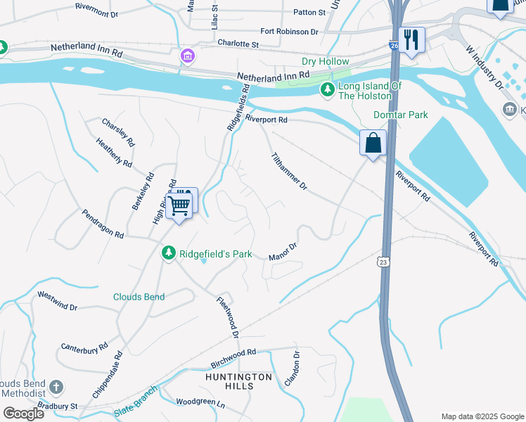 map of restaurants, bars, coffee shops, grocery stores, and more near 444 Eastley Court in Kingsport