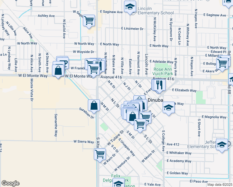 map of restaurants, bars, coffee shops, grocery stores, and more near 369 North K Street in Dinuba