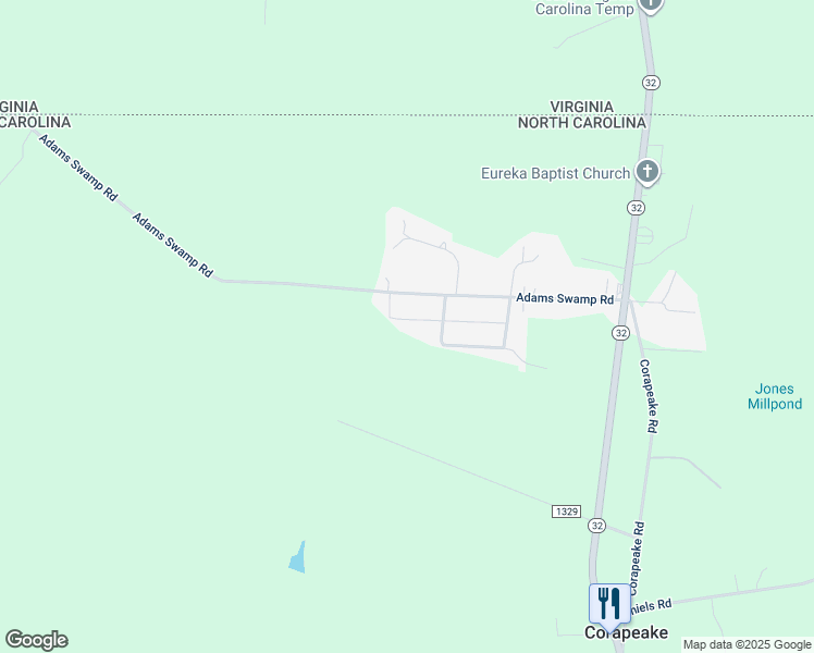 map of restaurants, bars, coffee shops, grocery stores, and more near 61 Southern Pines Mobile Home Park in Corapeake