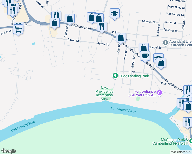 map of restaurants, bars, coffee shops, grocery stores, and more near 94 Cedarcrest Drive in Clarksville