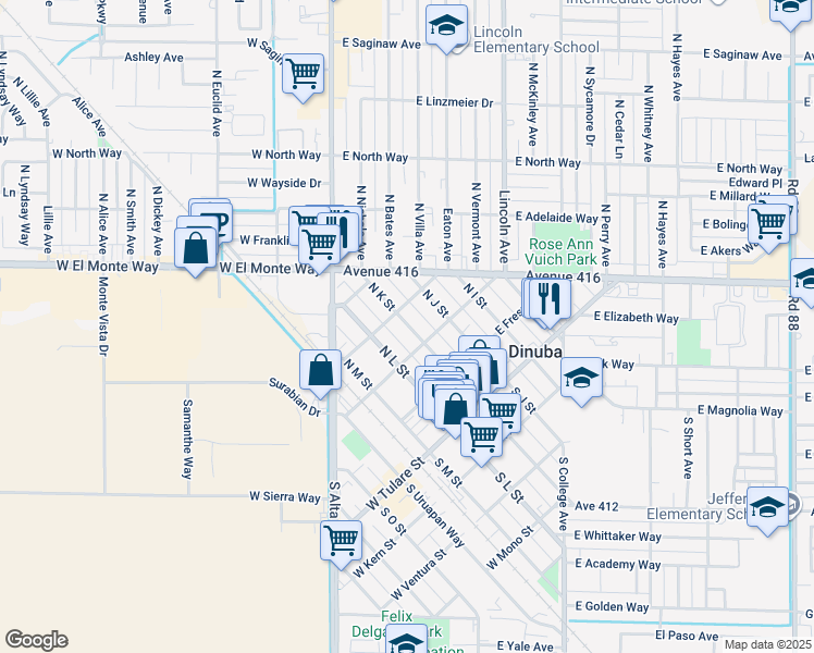map of restaurants, bars, coffee shops, grocery stores, and more near 369 North K Street in Dinuba