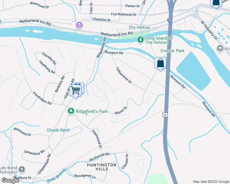 map of restaurants, bars, coffee shops, grocery stores, and more near 430 Eastley Court in Kingsport