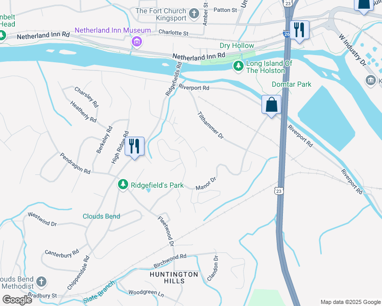 map of restaurants, bars, coffee shops, grocery stores, and more near 430 Eastley Court in Kingsport