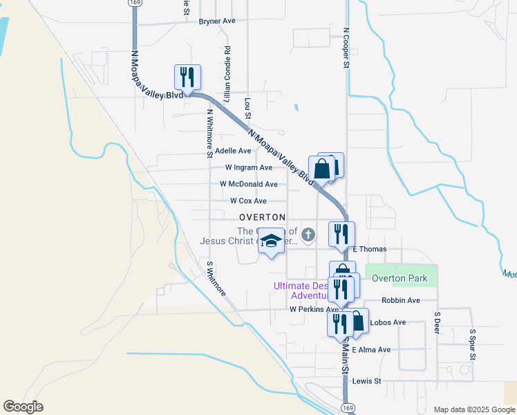 map of restaurants, bars, coffee shops, grocery stores, and more near 395 West Cox Avenue in Moapa Valley