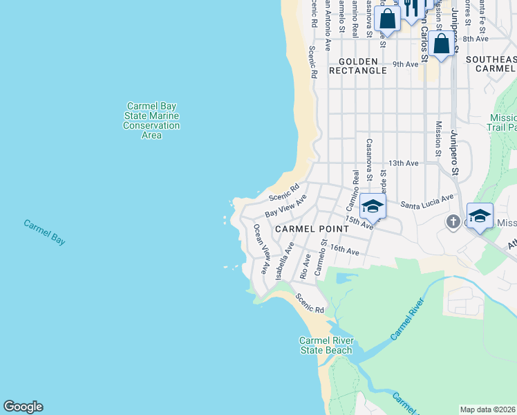 map of restaurants, bars, coffee shops, grocery stores, and more near 26161 Scenic Road in Carmel-by-the-Sea