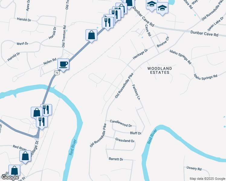 map of restaurants, bars, coffee shops, grocery stores, and more near 1501-1755 Old Russellville Pike in Clarksville
