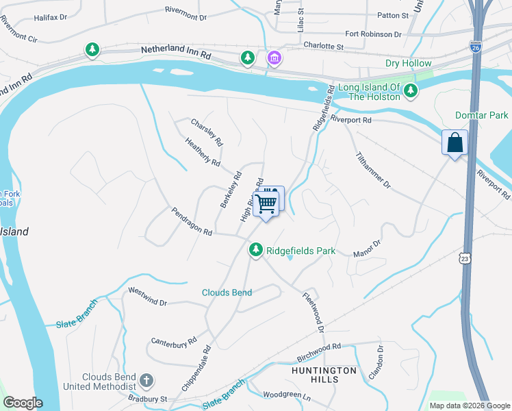 map of restaurants, bars, coffee shops, grocery stores, and more near 428 High Ridge Road in Kingsport