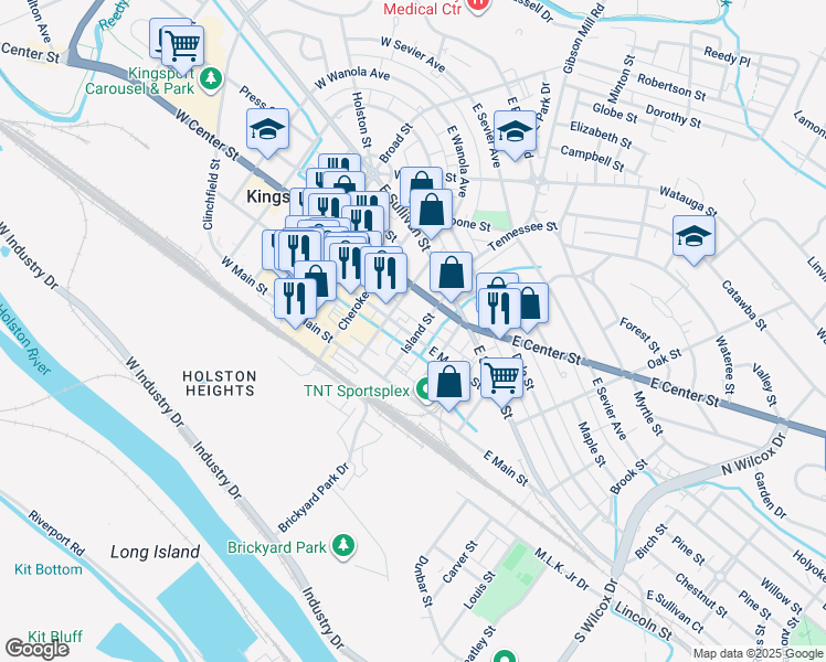 map of restaurants, bars, coffee shops, grocery stores, and more near 422 East Market Street in Kingsport