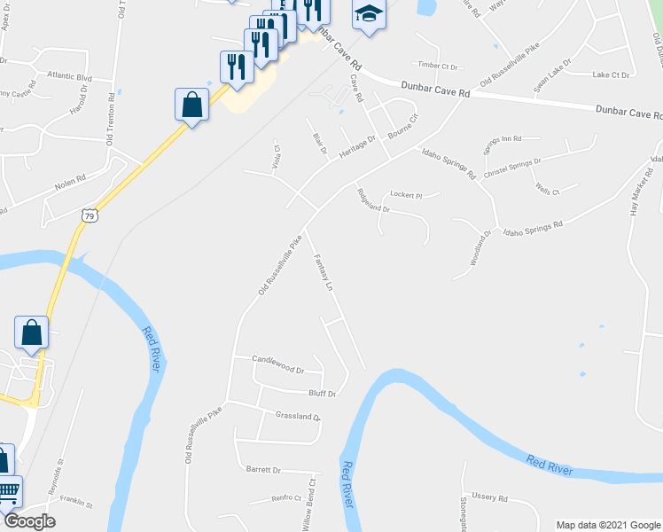 map of restaurants, bars, coffee shops, grocery stores, and more near 365 Fantasy Lane in Clarksville