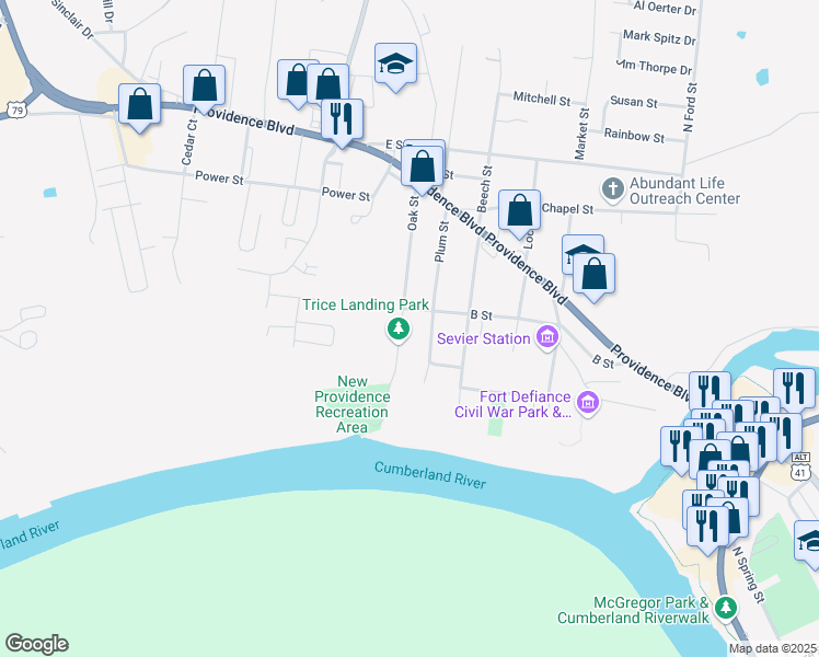 map of restaurants, bars, coffee shops, grocery stores, and more near 185 Oak Street in Clarksville
