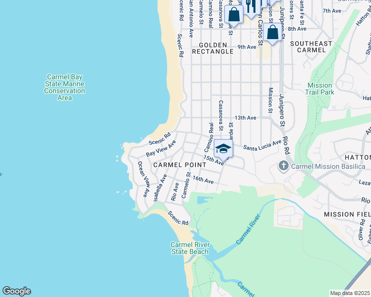 map of restaurants, bars, coffee shops, grocery stores, and more near 26167 Valley View Avenue in Carmel-by-the-Sea