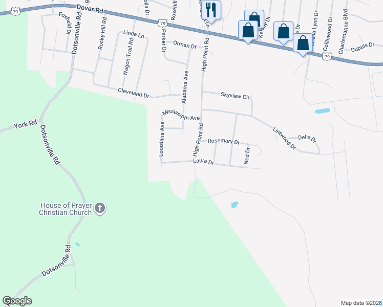 map of restaurants, bars, coffee shops, grocery stores, and more near 504 High Point Road in Clarksville