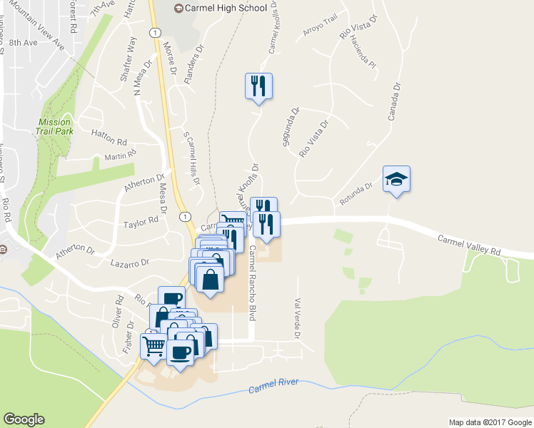 map of restaurants, bars, coffee shops, grocery stores, and more near 26085 Dougherty Place in Carmel