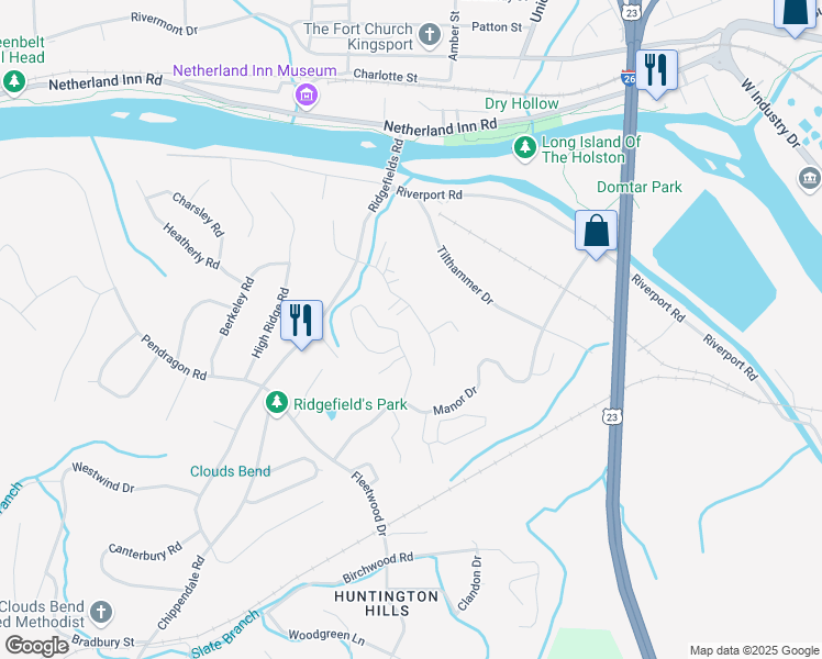 map of restaurants, bars, coffee shops, grocery stores, and more near 430 Eastley Court in Kingsport