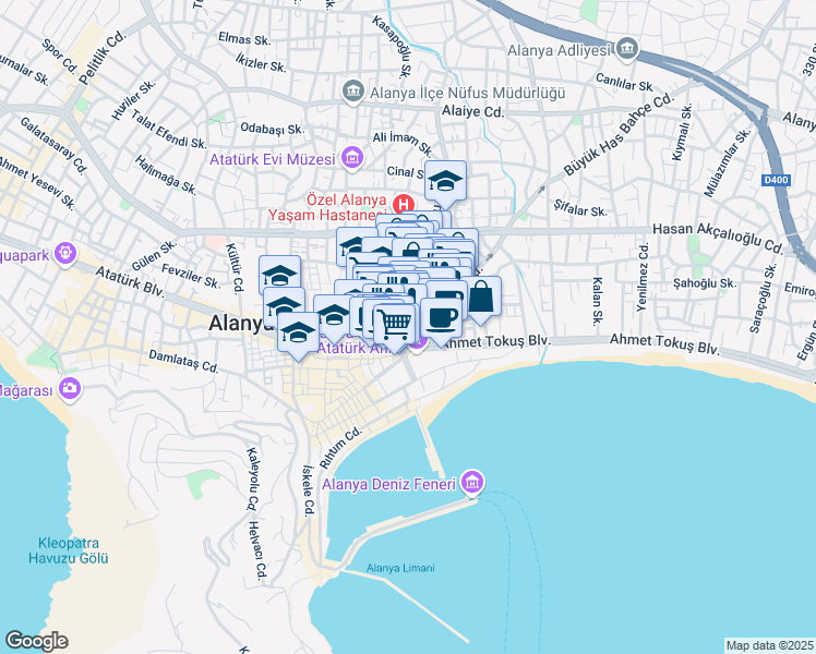 map of restaurants, bars, coffee shops, grocery stores, and more near 5 Yayla Yolu Caddesi in Alanya