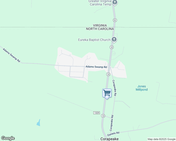 map of restaurants, bars, coffee shops, grocery stores, and more near 42 Adams Swamp Road in Corapeake