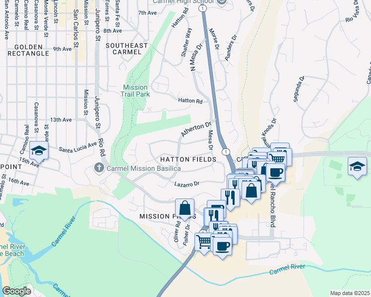 map of restaurants, bars, coffee shops, grocery stores, and more near 3454 Trevis Way in Carmel-by-the-Sea