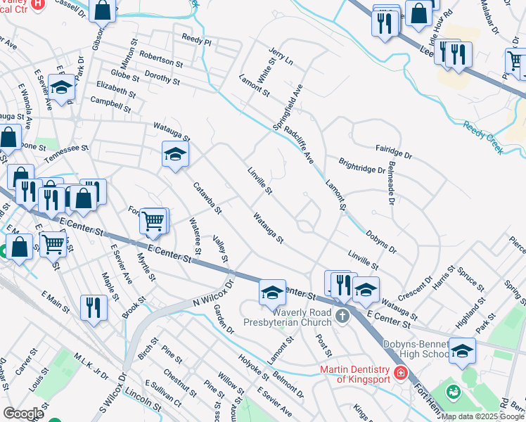map of restaurants, bars, coffee shops, grocery stores, and more near 1306 Watauga Street in Kingsport