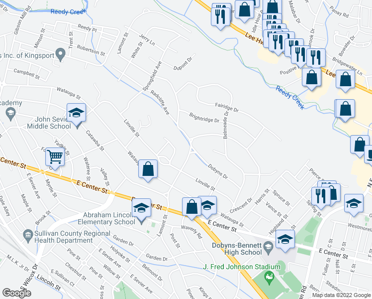 map of restaurants, bars, coffee shops, grocery stores, and more near 1724 Lamont Street in Kingsport