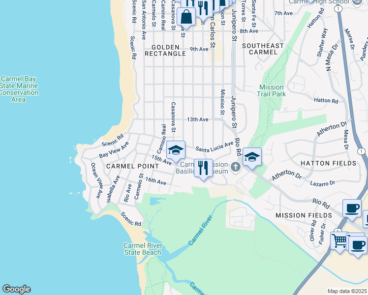 map of restaurants, bars, coffee shops, grocery stores, and more near 26145 Monte Verde Street in Carmel-by-the-Sea