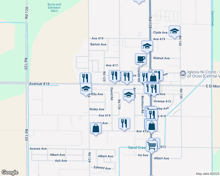 map of restaurants, bars, coffee shops, grocery stores, and more near 12489 Avenue 416 in Orosi