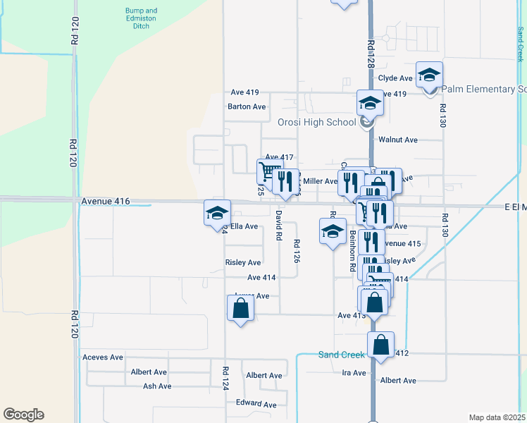 map of restaurants, bars, coffee shops, grocery stores, and more near 12489 Avenue 416 in Orosi