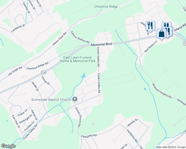 map of restaurants, bars, coffee shops, grocery stores, and more near 5017 Emerald Drive in Kingsport