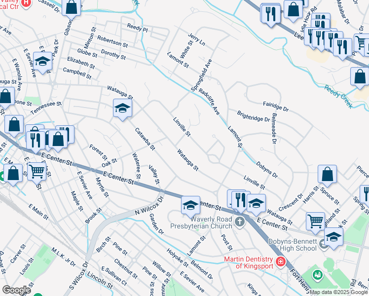 map of restaurants, bars, coffee shops, grocery stores, and more near 1306 Watauga Street in Kingsport