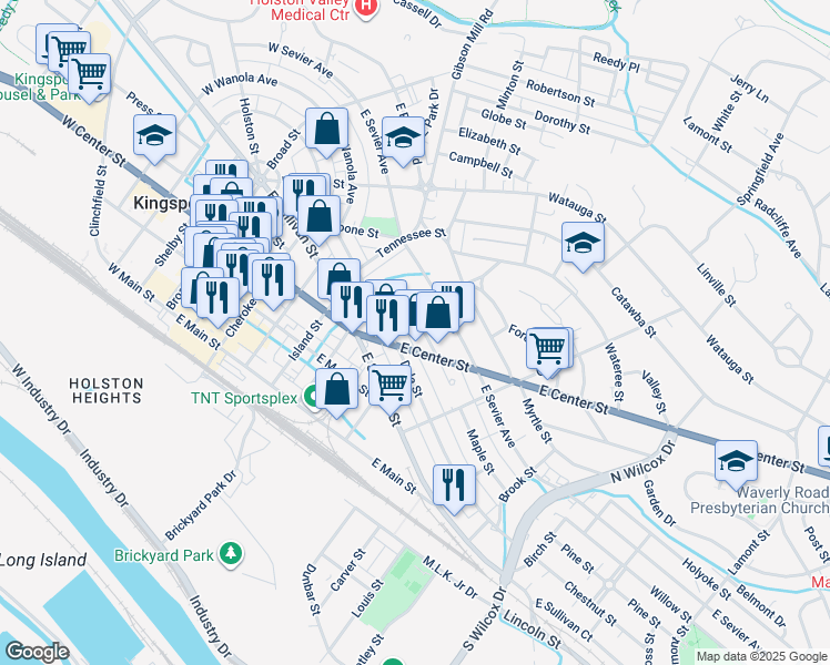 map of restaurants, bars, coffee shops, grocery stores, and more near 710 Mapleoak Lane in Kingsport