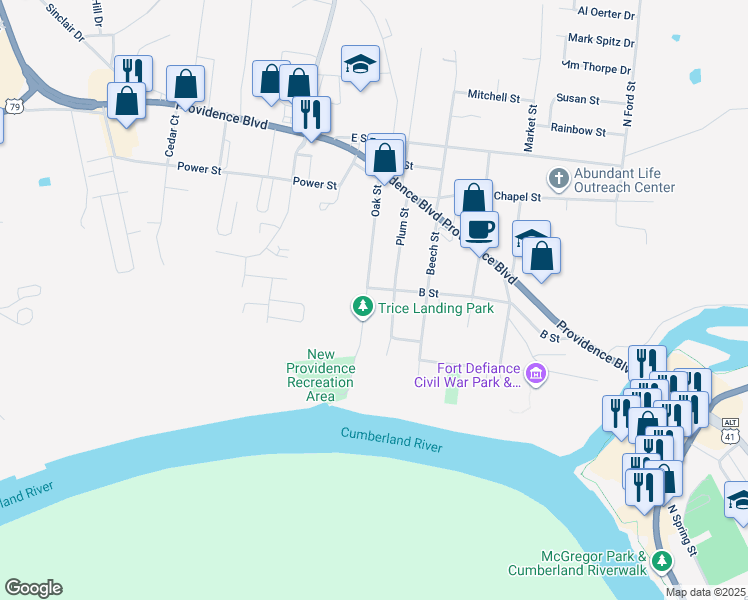 map of restaurants, bars, coffee shops, grocery stores, and more near 191 Oak Street in Clarksville