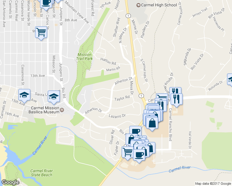 map of restaurants, bars, coffee shops, grocery stores, and more near 3454 Trevis Way in Carmel-by-the-Sea