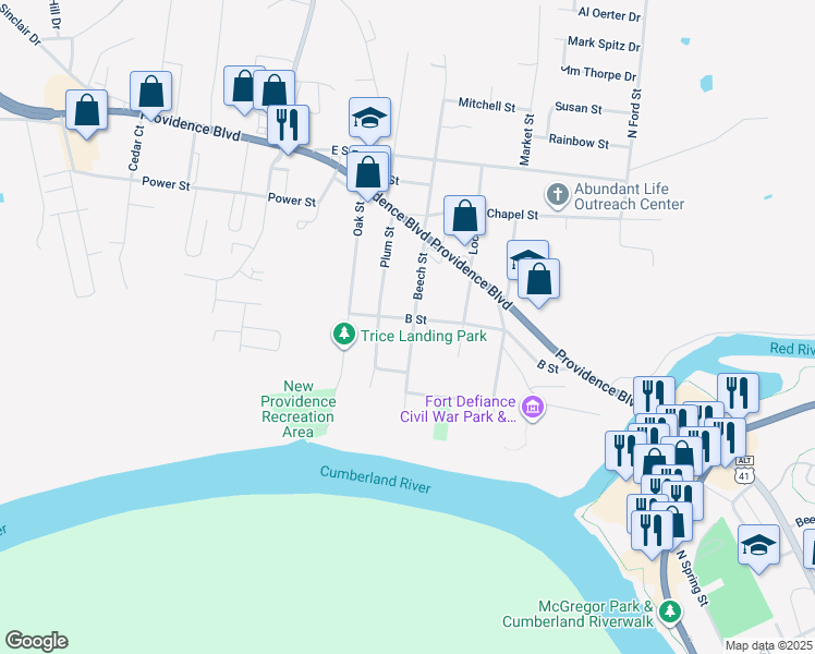 map of restaurants, bars, coffee shops, grocery stores, and more near 198 Beech Street in Clarksville
