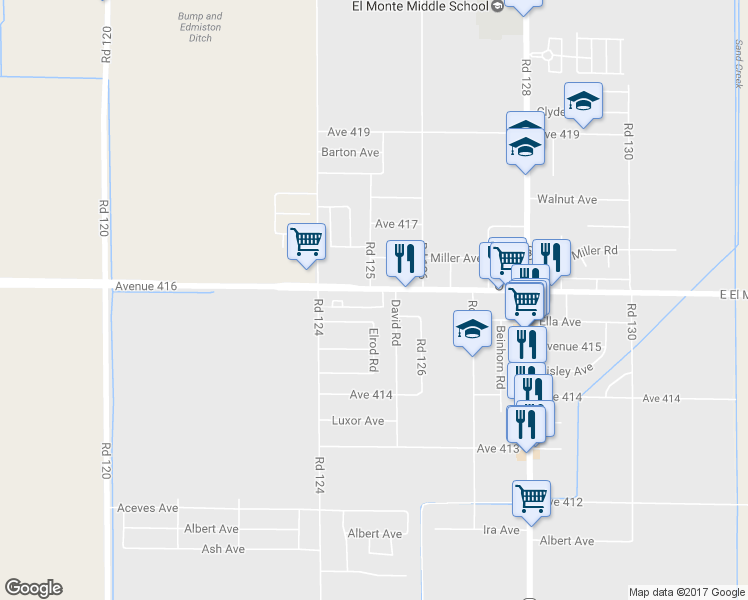 map of restaurants, bars, coffee shops, grocery stores, and more near 12489 Avenue 416 in Orosi