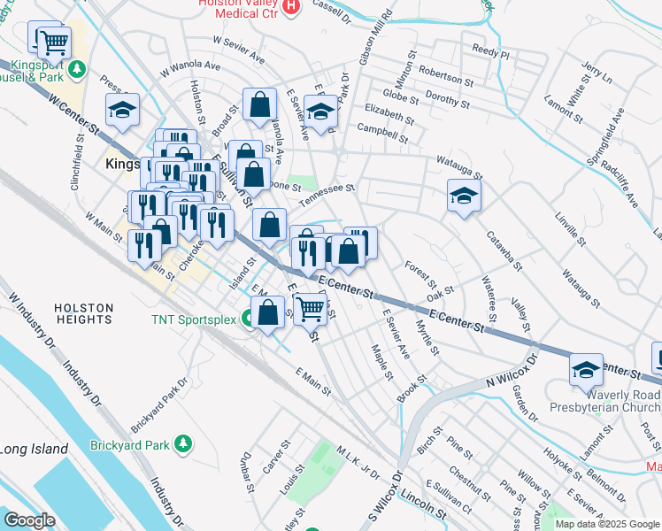 map of restaurants, bars, coffee shops, grocery stores, and more near 714 Mapleoak Lane in Kingsport