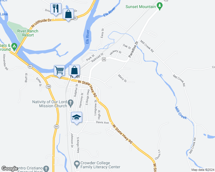 map of restaurants, bars, coffee shops, grocery stores, and more near 605 Happy Hollow Road in Noel