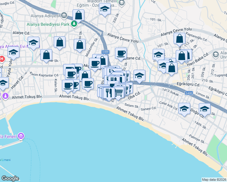 map of restaurants, bars, coffee shops, grocery stores, and more near 11 Demirel Sokak in Alanya