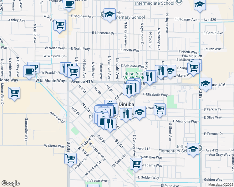 map of restaurants, bars, coffee shops, grocery stores, and more near 216 North I Street in Dinuba