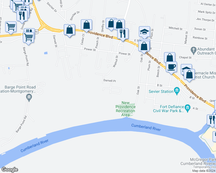 map of restaurants, bars, coffee shops, grocery stores, and more near 94 Cedarcrest Drive in Clarksville
