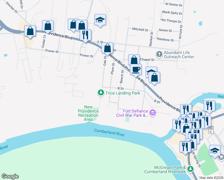 map of restaurants, bars, coffee shops, grocery stores, and more near 167 Plum Street in Clarksville